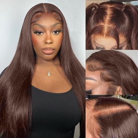 punhurt Chocolate Brown Lace Front Wigs Human Hair Pre Plucked Brazilian Unprocessed Straight 13x4 HD Lace Frontal Wigs with Baby Hair Colored Wigs for Women(Chocolate Brown Wigs, 24 Inch)