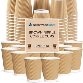 Nationwide Paper Coffee Cups Without Lids 12oz Disposable Takeaway Coffee Cups Triple Walled Ripple Cups Brown - 25 Pcs
