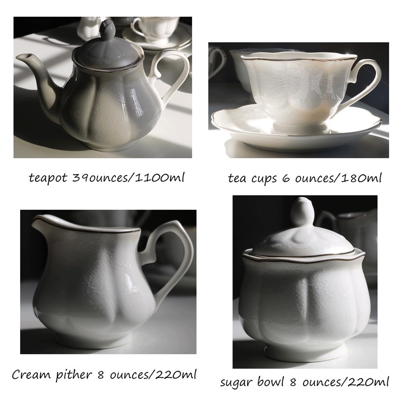 GuangYang 15-pcs Porcelain Tea sets for Adults, Off White Embossed