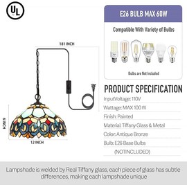 LXHCYOU Tiffany Pendant Light Plug in, 12 inches Stained Glass Hanging Lamp, 39 Inch Chain, 15 Feet Cord Living Room Bedroom Kitchen Dining Room Office (Sapphire Style)