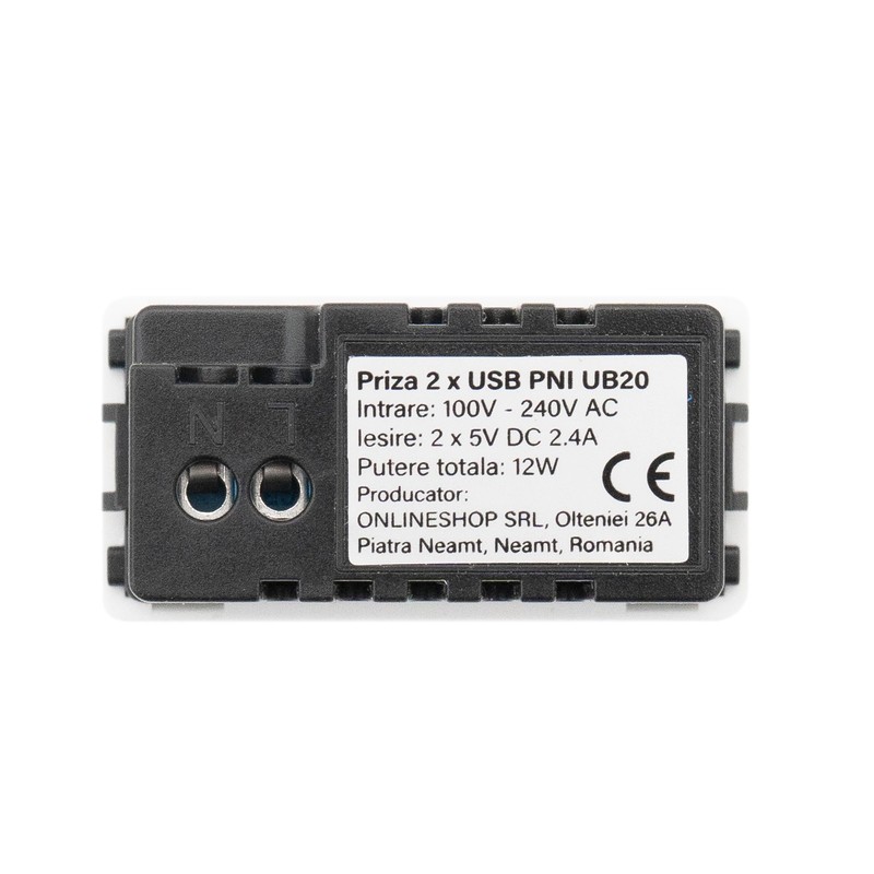 Double USB socket PNI UB20, 5V, 2.4A, modular, type F