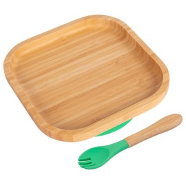Tiny Dining Baby Plate & Fork Set - Green - 2pc - Square - Divided Non-Slip Bamboo Self-Feeding Weaning Plate & Fork for Babies, Toddlers & Children