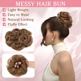 Benehair Human Hair Scrunchies Curly Messy Bun Hairpiece Bun Extensions for Women #4/27 Medium Brown Mix Dark Blonde Wavy Real Hair Updo Donut Chignons 23g