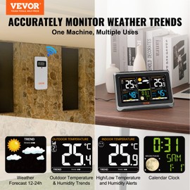VEVOR Weather Station, 7.5" Large Color Display Weather Stations Wireless Indoor Outdoor Multiple Sensors with Atomic Clock, Adjustable Backlight, Forecast Data and Alarm Alert, Black