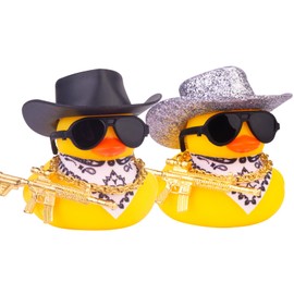 Mwmoeen Rubber Duck for Car Dashboard Decorations, Pack of 2 Yellow Duck Car Ornaments with Cowboy Hat Scarf Sunglasses Gold Chain and Cool Props for Car, Office, Home Decoration