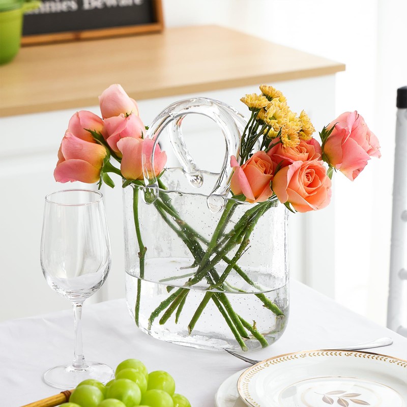 Fixwal Glass Purse Vase for Flowers, Clear Bag Vases with