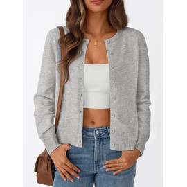 Trendy Queen Womens Cardigan Sweaters Lightweight Crew Neck Long Sleeve Outfits Fall Fashion 2025 Clothing Grey Melange XS