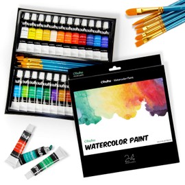 Ohuhu Watercolor Paint Set, 24 Colors, 6 Watercolor Brushes, Paint, Painting Supplies, Transparent Watercolor, White, for Boys, Girls, Adults, Beginners, Indigo, 12ml Paint Tubes