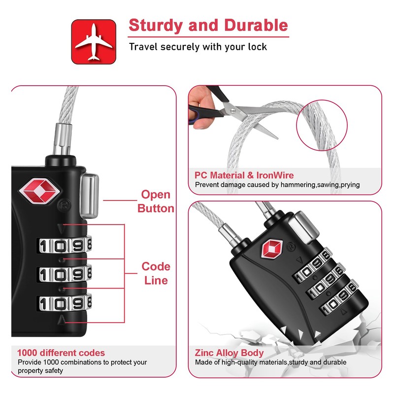 NAGE TSA Approved Luggage Locks, 3 Digit Suitcase Locks, Flexible