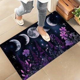 amepay Moon Floral Indoor Door Mat – Stylish 17x29.5in Non-Woven Fabric Floor Doormat with Celestial Mystical Purple Flower Dark,for Porch Insider,Bedroom,Living Room - Modern Boho Decor Rug Gifts