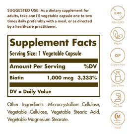 Solgar Biotin 1000 mcg, 250 Vegetable Capsules - Supports Healthy Skin, Nails & Hair - Energy Metabolism - Enhanced Potency - Non-GMO, Vegan, Gluten Free, Dairy Free, Kosher, Halal - 250 Servings