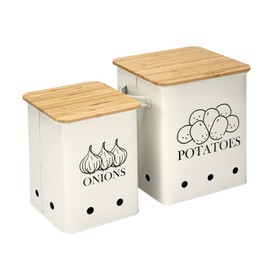 Xbopetda Potato Onion Storage Bin, Kitchen Storage Canister Set of 2, Kitchen Pantry Organizer Tin - Vegetable Fresh Keeper with Aerating Tin Storage Holes & Wooden Lid (White)