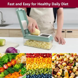 SUREWIN Vegetable Chopper, Onion Chopper Dicer, Mandoline Slicer, Food Chopper with Container, Vegetable Cutter for Salad Potato Carrot Garlic, Kitchen Essentials(Green，4 in 1)