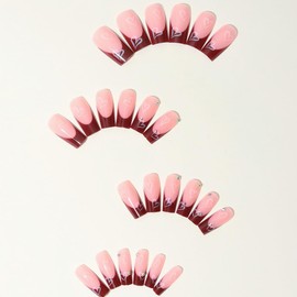 24Pcs Valentine's Day Press on Nails Medium Square Fake Nails Brown French Tip with Rhinestones Design White Heart False Nails Nude Pink Full Cover Artificial Glue on Nails for Women Nails Supplies