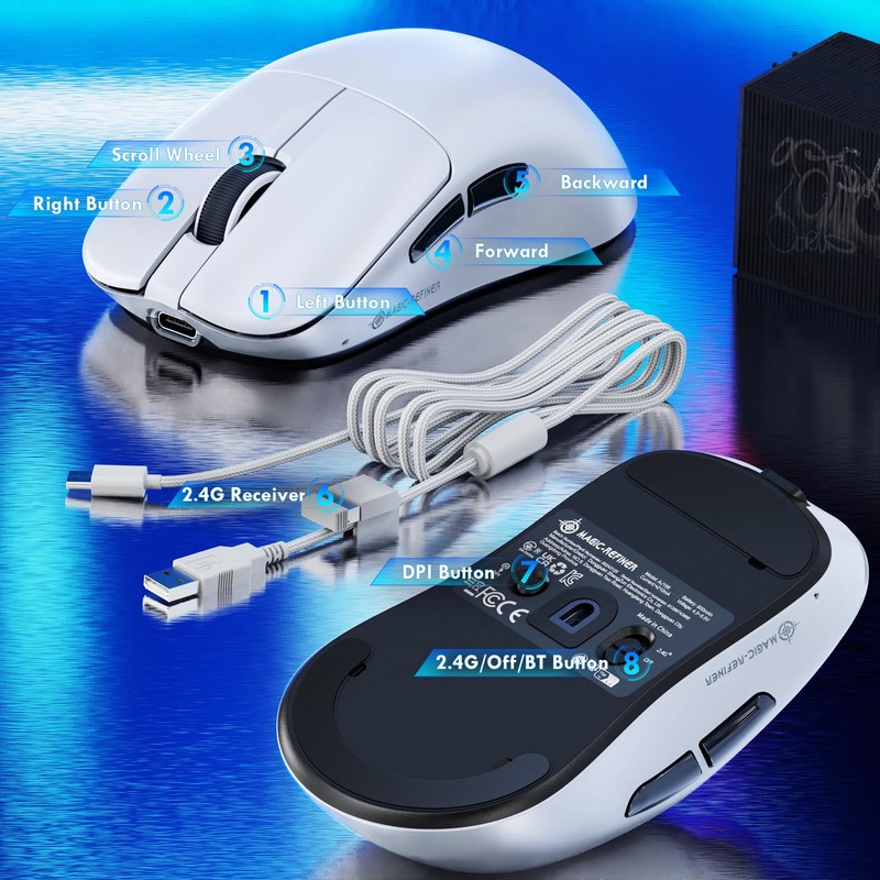 ZIYOU LANG×Magic-Refiner AJ199 Lightweight Wireless Gaming Mouse,Tri-Mode(2.4G/Wired/BT),24K DPI,PAW3311 Optical Sensor,1000Hz