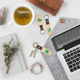 Comforty 12 Stück Schlüsselanhänger Holz,Blanko Schlüsselanhänger,Leder Wooden Schlüsselringe Personalisierter Für Lasergravur,DIY Verschiedene Schlüsselanhänger