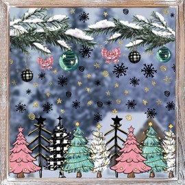 APROPHIC Christmas Tree Window Clings, Snowflake Christmas Stickers for Window Decorations, Snowflakes Xmas Winter Holiday Window Decals for Party Office Classroom, Reusable, Pink Black