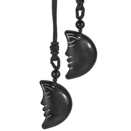 SUNYIK 2PCS Crescent Moon Pendant Necklace for Women Men, Crystal Stone Moon Face Necklace for Unisex with Adjustable Rope 16-27", Black Obsidian Stone