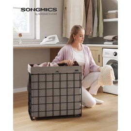 SONGMICS Laundry Hamper, 29 Gal. (110L) Laundry Basket, Collapsible Clothes Hamper, Removable and Washable Liner, Metal Wire Frame, for Bedroom Bathroom, Black and Camel Brown ULCB111N01
