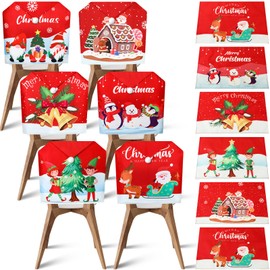 Preboun 12 Pieces Christmas Chair Back Covers Set, Including 6 Pcs Non Slip Cotton Linen Table Mats and 6 Pcs Non Woven Red Santa Claus Hat Fabric Christmas Chair Cover for Dining Kitchen Decorations
