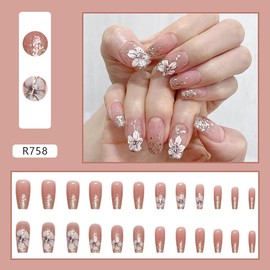 SARATA Spring Press on Nails Long Coffin Fake Nails Nude Pink False Nails with White Flower Designs Full Cover Glitter Acrylic Ballerina Nails Glossy Gel Glue on Nails for Women Girls 24Pcs