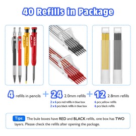Enhon 4 Pcs Mechanical Carpenter Pencils with 40 Refills and Mental Marking Scribe Tools, Solid Deep Hole Woodworking Pencils Marker Marking Tools with Built in Sharpener(Black, Red, Yellow)