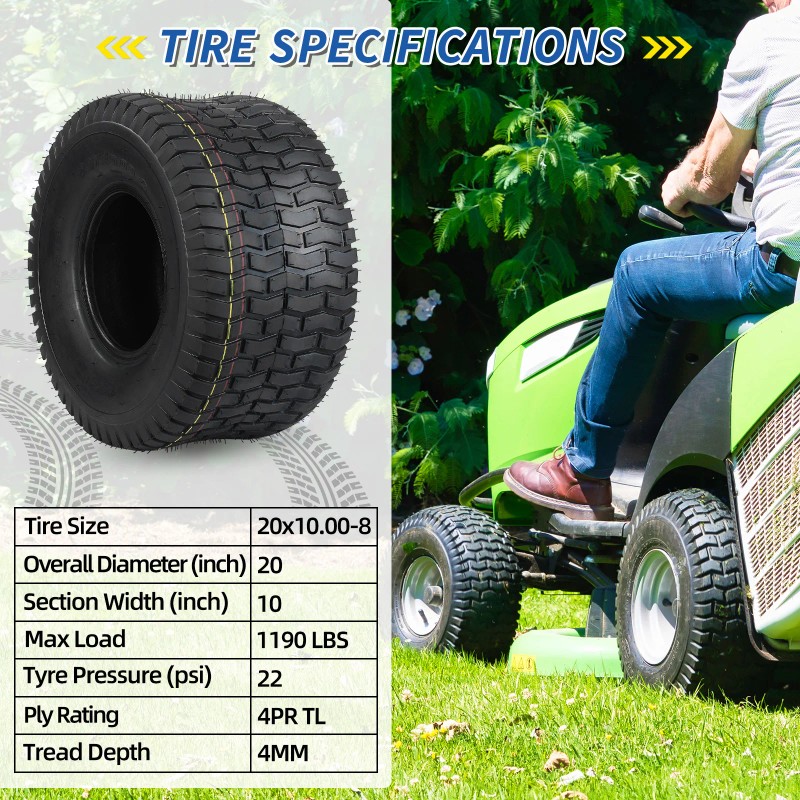 2PCS 20 X 10.00-8 Turf-V Pattern Lawnmower Tubeless Turf Tire,