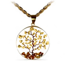 TAMI Collar Árbol de la Vida y la Abundancia en Baño de Oro de 14 K con Piedras Naturales y Papel de Oro. Amuleto de la Suerte para Mujer