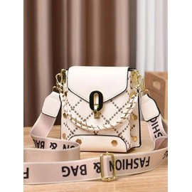 Fashionable Geometric Pattern Pu Leather Crossbody Bag As Gifts, 2025 New Versatile Shoulder Bags 2025 for Women, Trendy All-match Bag Charm Chain Flap Affordable Luxury Bag:_Apricot_one-size