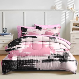 Nesker 7 Pcs Comforter Set Queen Size, Modern Abstract Graffiti Art Bedding Set for Kids and Adults, Children Pink Black Striped Sheets Bed Sheet Sets with Fitted Sheet 2 Pillowcases & 2 Shams