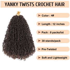 IIFLYDSFA Pre Looped Yanky Twist Crochet Hair 12 Inch 8 Packs Dark Brown 4# Fluffy Spring Mini Twist Passion Twist Bohemian Synthetic Crochet Braiding Hair
