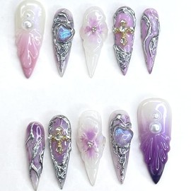 Gothic Blossom,Custom Press On Nails, Handmade Nails, Stiletto Nails, Size L