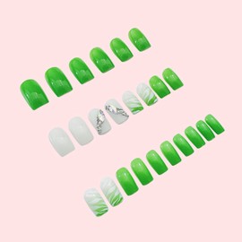 Press on Nails Square Short Green Glossy Full Cover Acrylic Square False Nails with Rhinestone Designs Artificial Short Coffin Fake Nails Square Glue on Fingernails with Charm for Women Girls