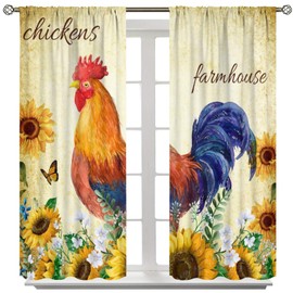Cortinas clásico de decoración de gallo para cocina, rústico, granja, acuarela, girasol, mariposa, flores, animales, pollo, cortinas de ventana para niños, niñas, recámara, sala de estar, granja, 42 x