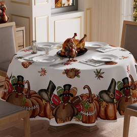 XCHI Turkey Maple Leaves Pumpkin Flowers Thanksgiving Fall Tablecloth Round Washable Table Covers for Indoor Outdoor Dining Home Party Decorations Table Cloth 70x70 Inch