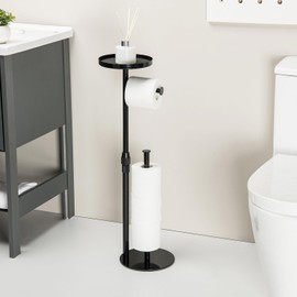ZBMDDEY Toilet Paper Holder Stand for Bathroom Floor Standing, Adjustable Height and Heavy, Storages 4 Reserve Rolls, with Top Storage Shelf for Cell Phones, Wipe, Wallet and More, Bright Black