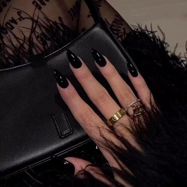 Black Press on Nails Almond Shaped 48Pcs Neutral Thick Fake Nails for Women, Medium Almond Nails Press on Reusable Acrylic Nails Glue on Medium Length Stiletto False Nails Gel Artificial Nails