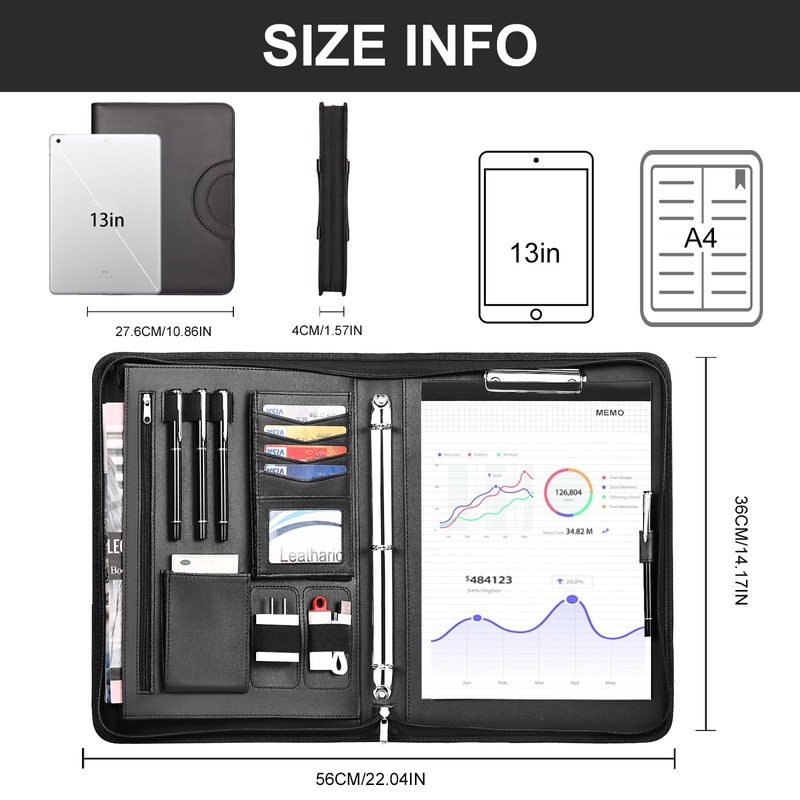 Leathario 3-Ring Portfolio Binder, Includes 5 Folder Index Dividers, 13