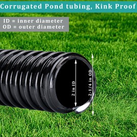 Pond Hose ID 2” × 25ft Black Corrugated Flexible Reinforced PVC Hose Vinyl Tubing for Pond Pump Fountain Garden Waterfall, Non-toxic & Kinkproof, with 2 clamps