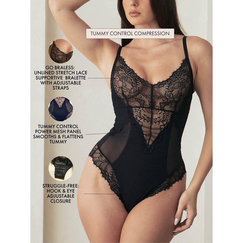 Pinsy Shapewear Smoothing Lace Bodysuit, Black, Large