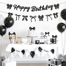 Lecheme Black Bow Birthday Banner Glitter Bow Signs Party Decorations for Coquette Theme Women Girls Birthday