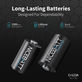 NICEBATT CR123A 3V Lithium Battery, 1500mAh Long-Lasting for Cameras and Lighting Equipment etc, 123A 3 Volt Batteries Cell, 4 Count