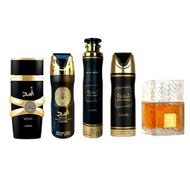 Lattafa (5pc Bundle Pack) Khamrah + Asad 3.4oz Perfume + Khamrah 300ml Air Freshener + A