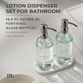 MaisoNovo Hand Soap and Lotion Dispenser Set - 16.9 fl oz Clear Soap Dispenser Glass with Silver Pump Set of 2 and Oval Concrete Tray