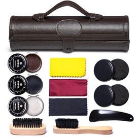 YUET Shoe Polish Kit Cleaning Shine Care Barrel Set For Brown Black Leather With Brush Travel Case Luxury Premium Soft Horsehair Bristle Dauber, Wooden Applicator, Shoehorn, Cloth 12 Piece Black Pouch