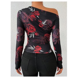 Floerns Women's Off Shoulder Tops Y2k Going Out Tops for Women Trendy Long Sleeve Asymmetrical Ruched T Shirts Tops Black X-Large