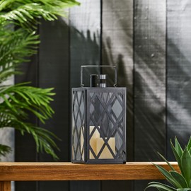 TREATLIFE HOME 14-Inch Outdoor Decorative Lantern with Modern Design and Tempered Glass, Stainless Steel Frame, Black Finish