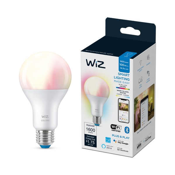 WiZ 100W Eq. (14.5W) A21 Color LED Smart Bulb - Pack of 3 - E26- Indoor - Connects to Your Existing Wi-Fi - Control with Voice or App + Activate with Motion - Matter Compatible