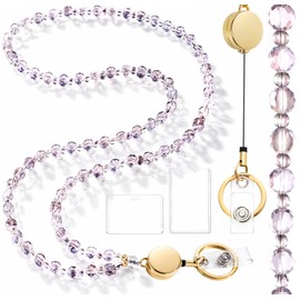 Toykee Crystal Flat Round Beaded Lanyard for ID Badges Women - Light Purple Badge Necklace with Card Holder & Retractable Reel for Name Tags, Keys, Teacher, Nurse