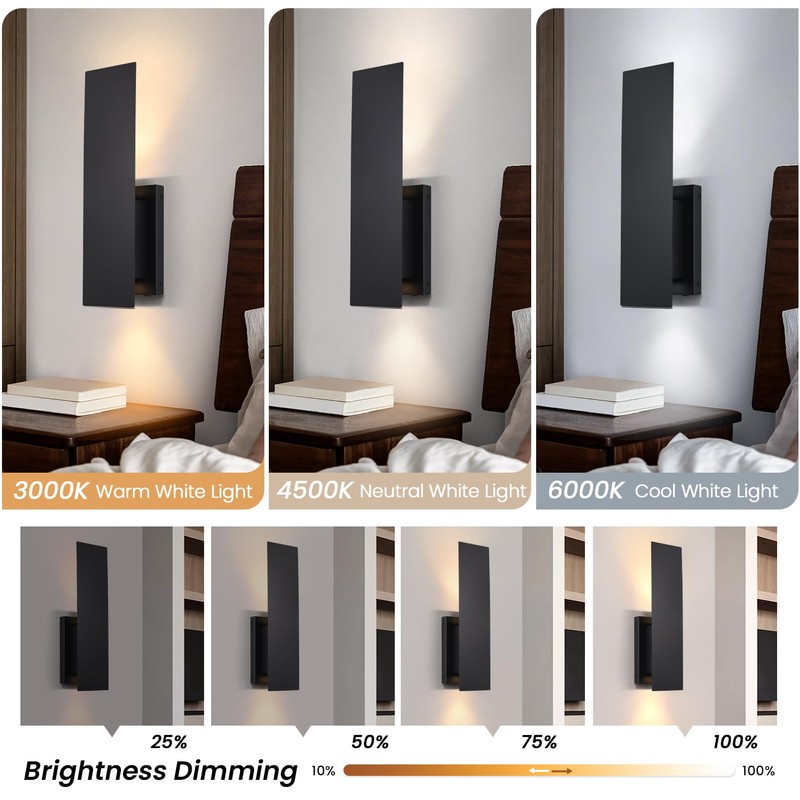 Black Wireless Wall Sconces Set of Two,3000K-6000K Dimmable Battery Operated